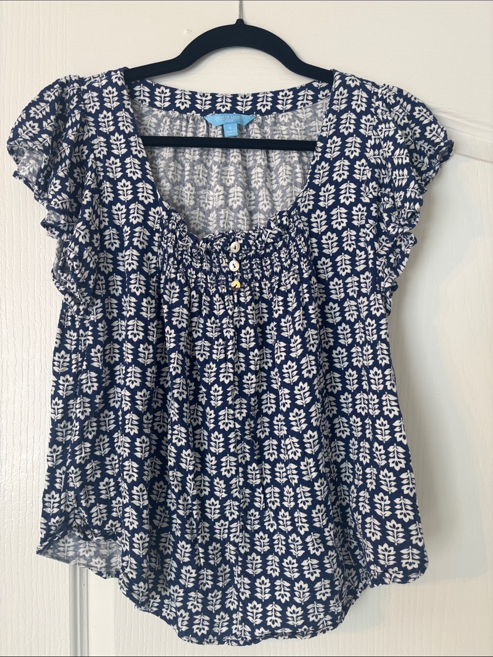 Draper James Flutter Sleeve Smocked Navy and White Blouse